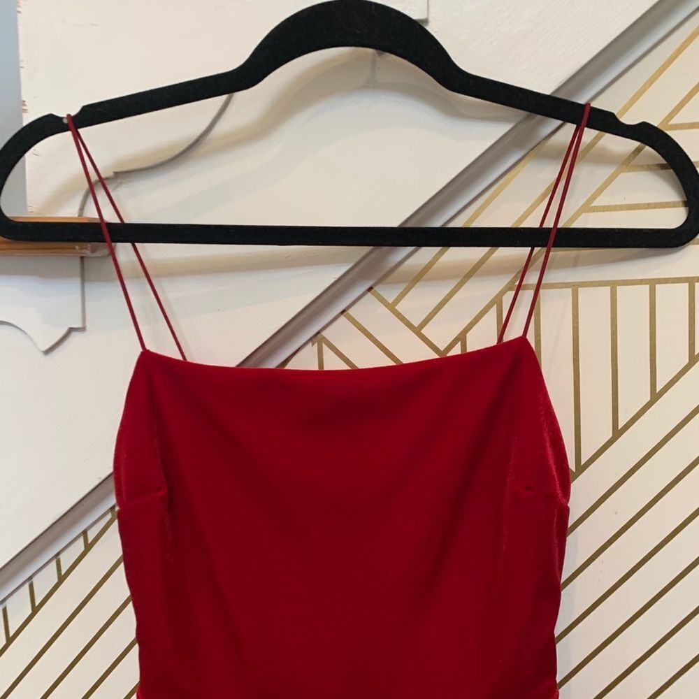 UO Straight Neck Red Velvet Skater Dress - Picture 6 of 8